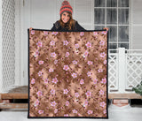 Pink Sakura Cherry Blossom Drak Brown Background Premium Quilt