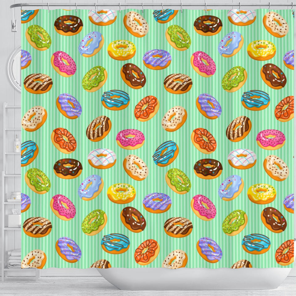 Colorful Donut Pattern Green Background Shower Curtain Fulfilled In US