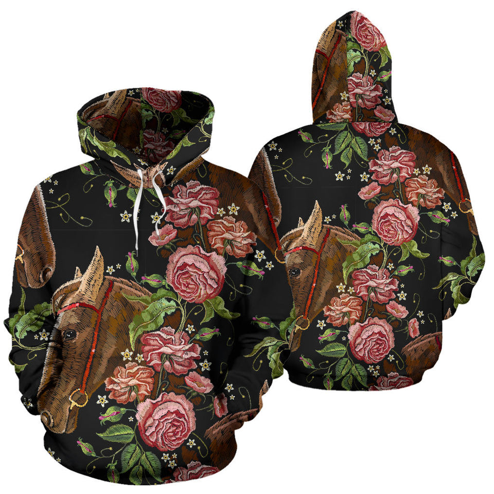 Horse Head Wild Roses Pattern Men Women Pullover Hoodie