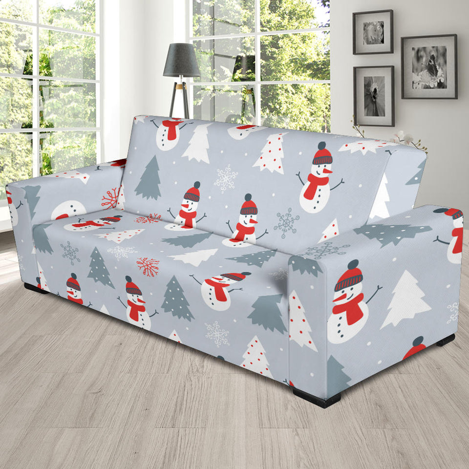 Snowman Christmas  Tree Snow Gray Background Sofa Slipcover