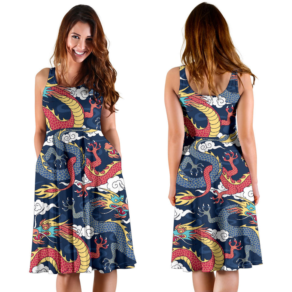 Blue Red Dragon Cloud Pattern Sleeveless Midi Dress