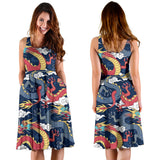 Blue Red Dragon Cloud Pattern Sleeveless Midi Dress