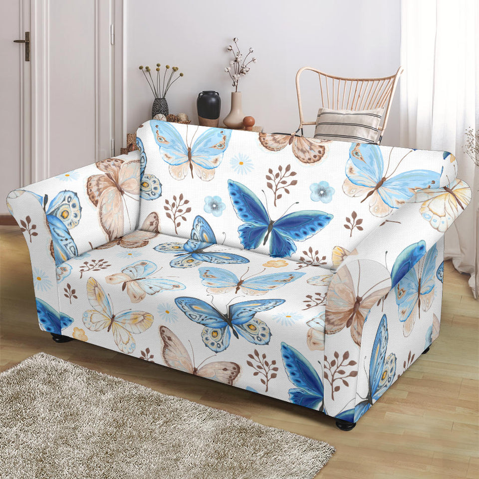 Blue Butterfly Pattern Loveseat Couch Slipcover