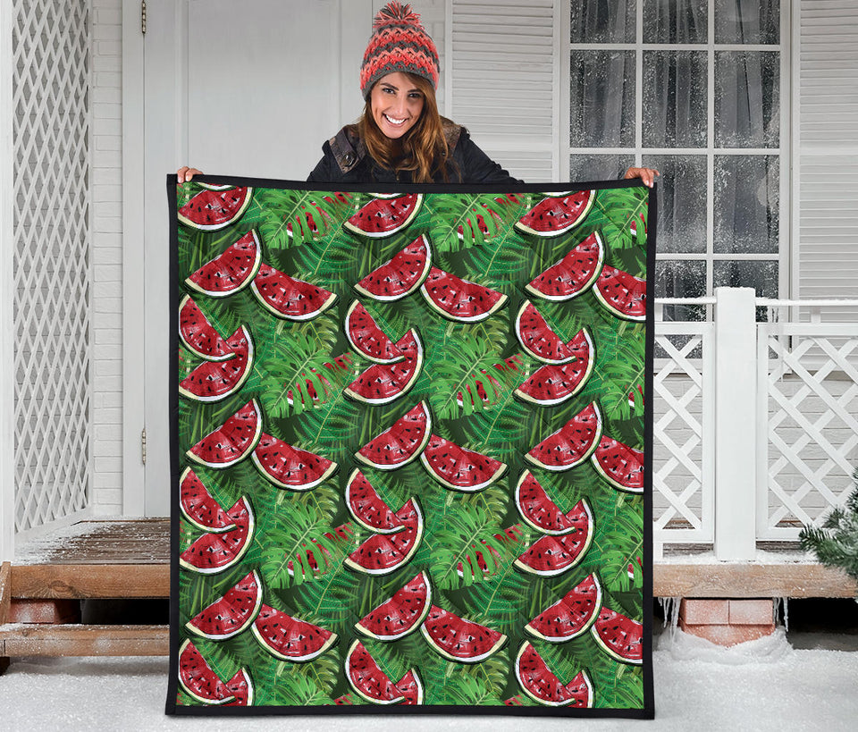 Watermelons Tropical Palm Leaves Pattern Background Premium Quilt