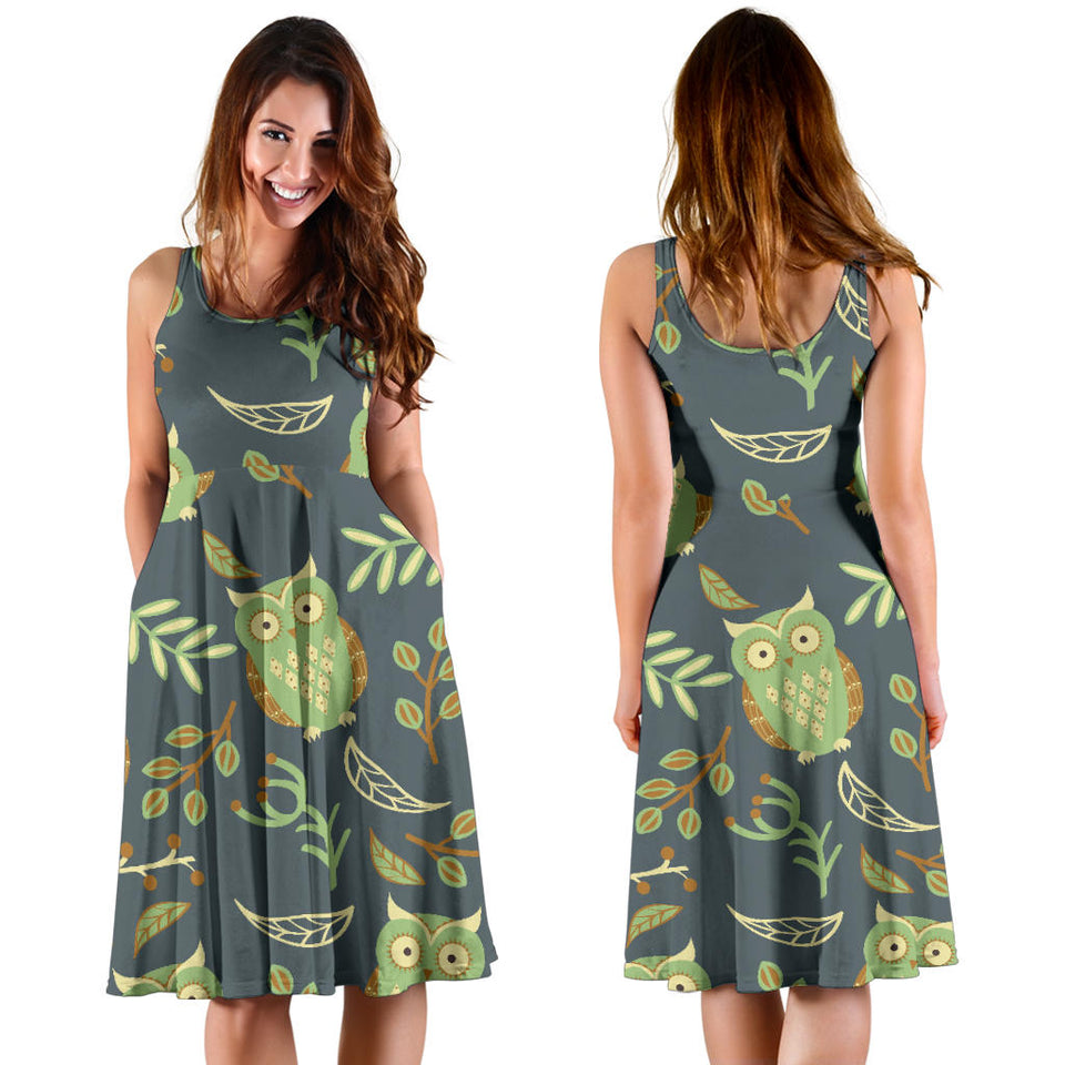 Cute Owls Leaves Pattern Sleeveless Midi Dress