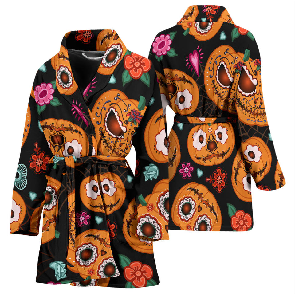 Pumpkin Flowers Spiderweb Halloween Theme Women'S Bathrobe