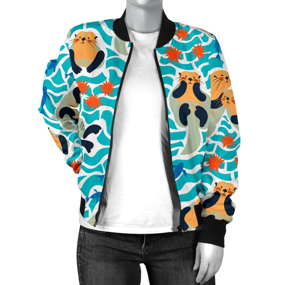 Cute Sea Otters Fishe Sea Urchin Pattern Women'S Bomber Jacket