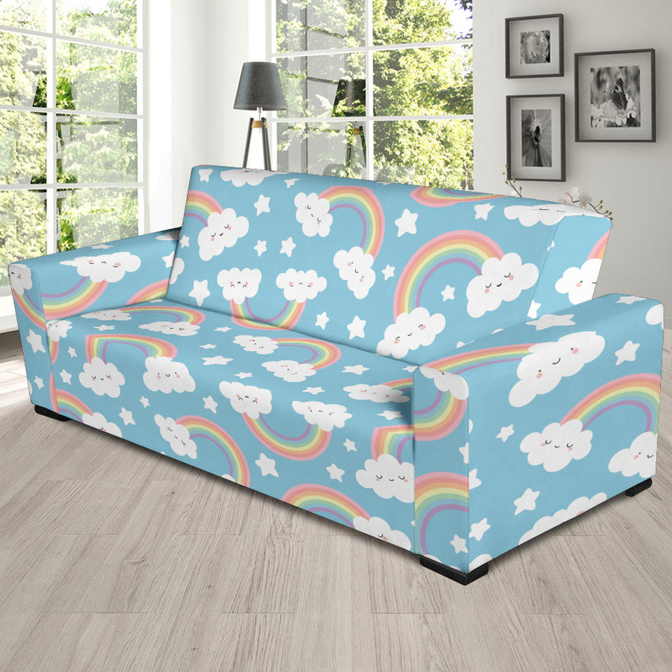 Cute Rainbow Clound Star Pattern Blue Background Sofa Slipcover