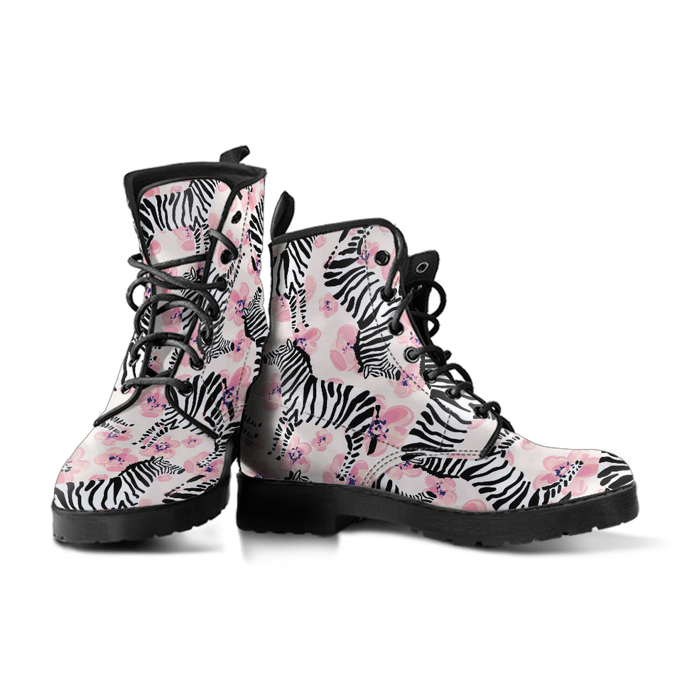 Zebra Pink Flower Background Leather Boots