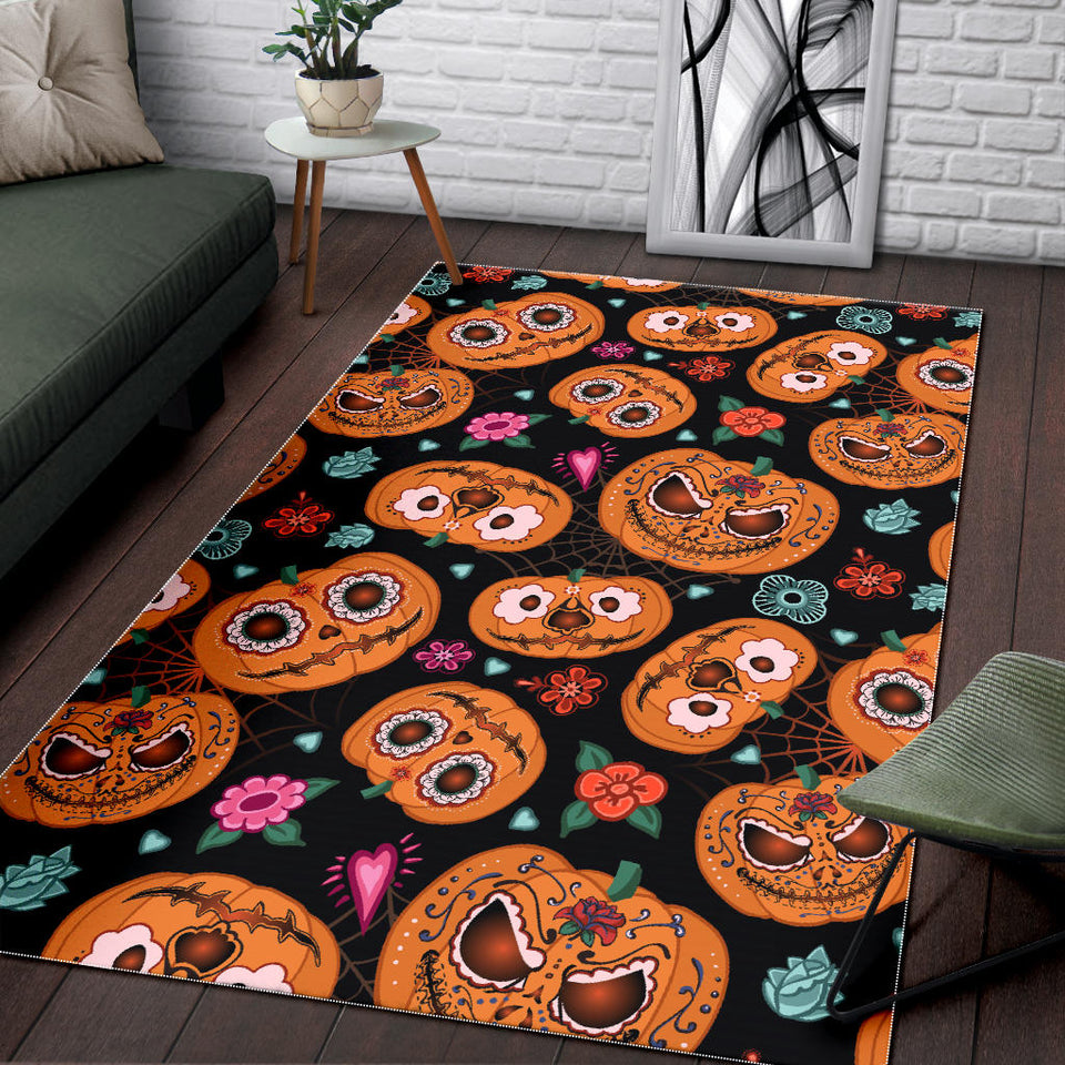 Pumpkin Flowers Spiderweb Halloween Theme Area Rug