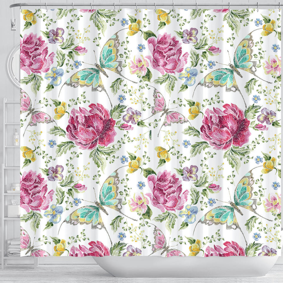 Hand Drawn Butterfly Rose Shower Curtain Fulfilled In US