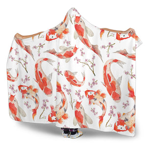 Watercolor Koi Fish Carp Fish Pattern Hooded Blanket