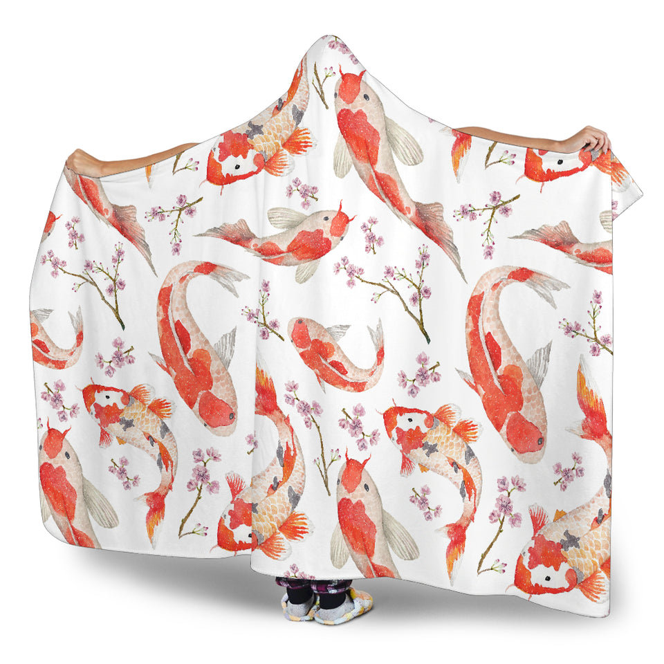 Watercolor Koi Fish Carp Fish Pattern Hooded Blanket