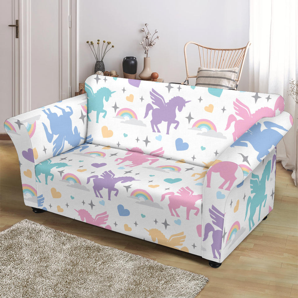 Colorful Unicorn Rainbow Heart Pattern Loveseat Couch Slipcover