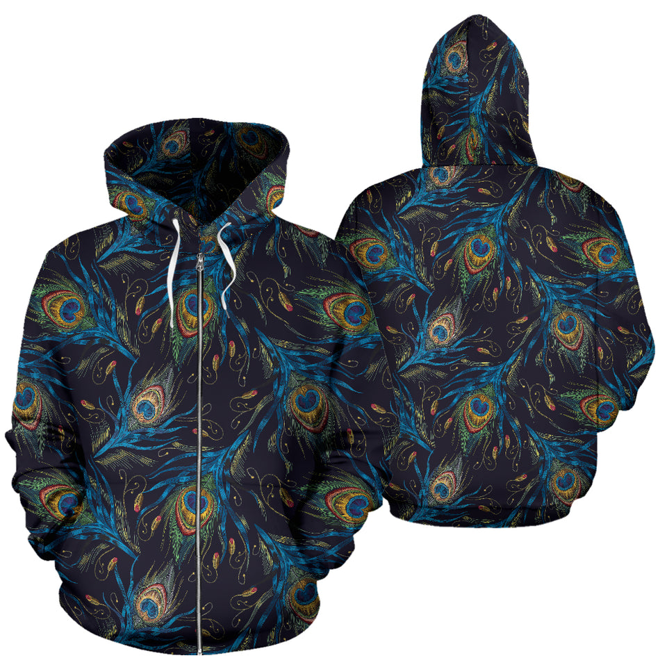 Beautiful Peacock Feather Pattern Zip Up Hoodie