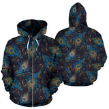Beautiful Peacock Feather Pattern Zip Up Hoodie