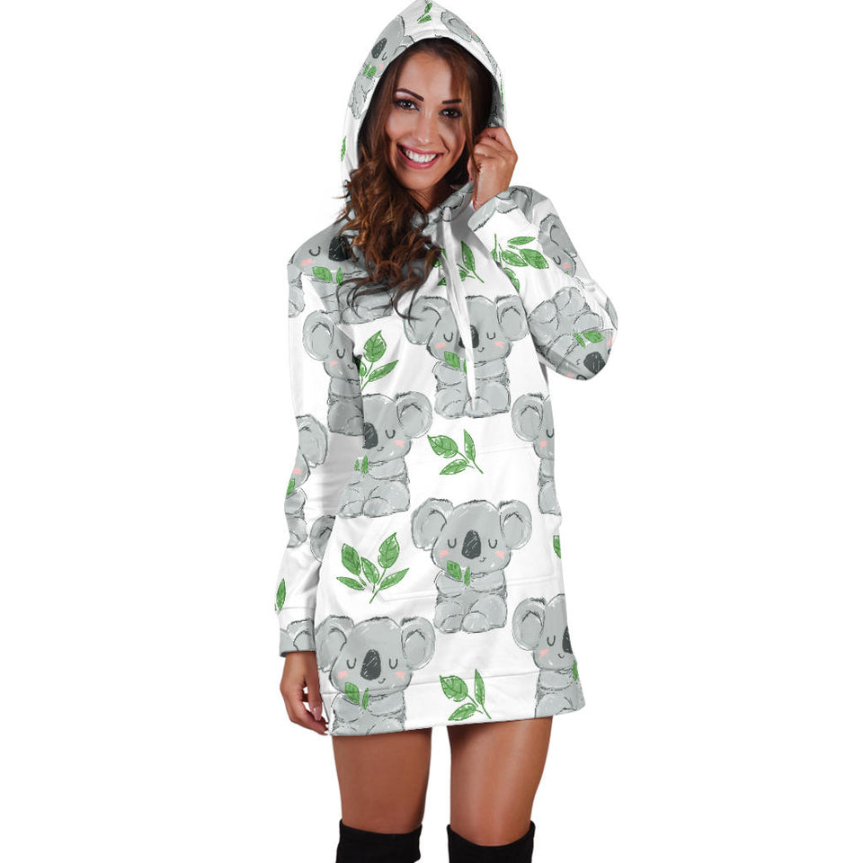 Hand Drawn Koala Leaves Pattern Women'S Hoodie Dress
