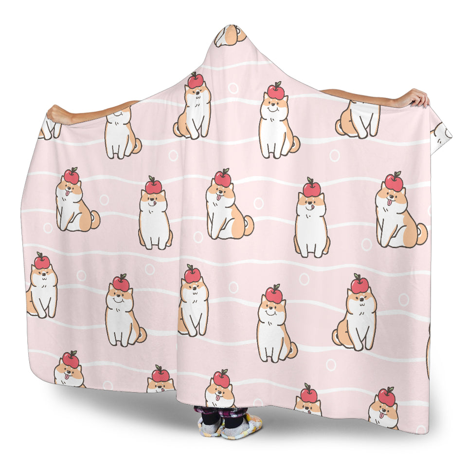 Cute Shiba Inu Dog Apple Pattern Hooded Blanket