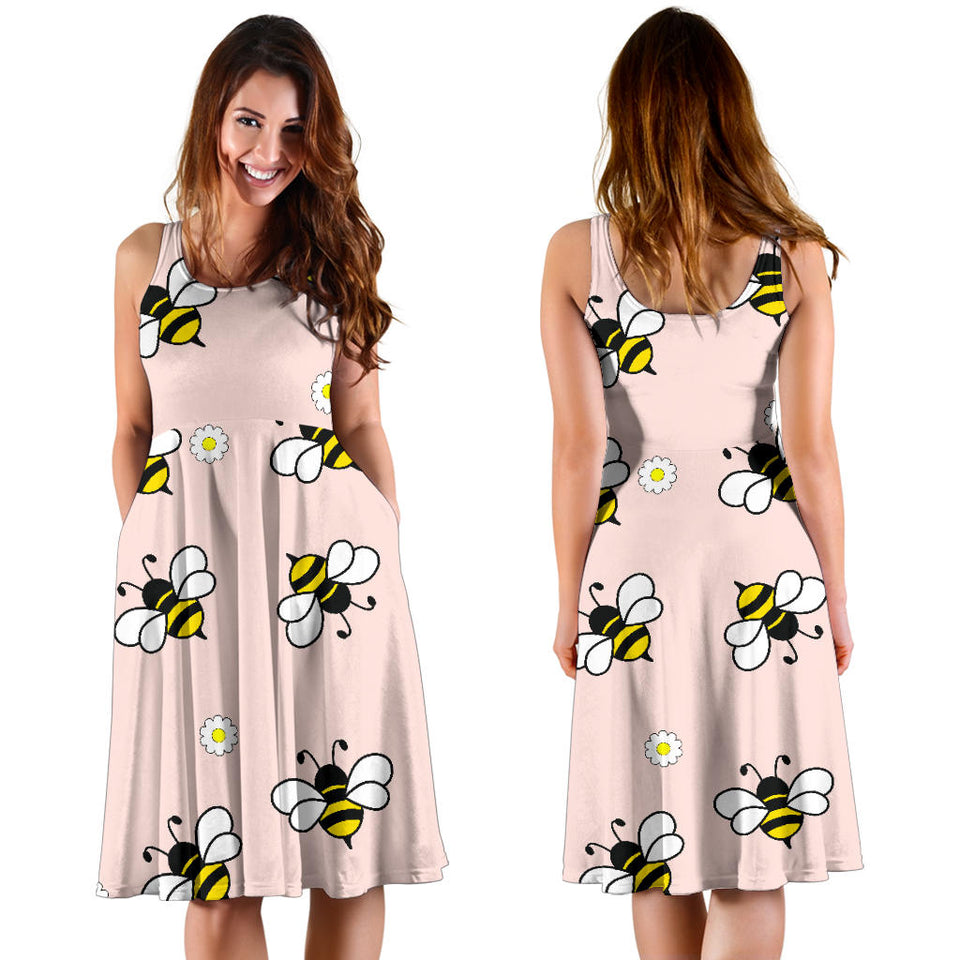 Cute Bee Flower Pattern Pink Background Sleeveless Midi Dress