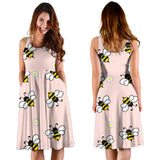 Cute Bee Flower Pattern Pink Background Sleeveless Midi Dress