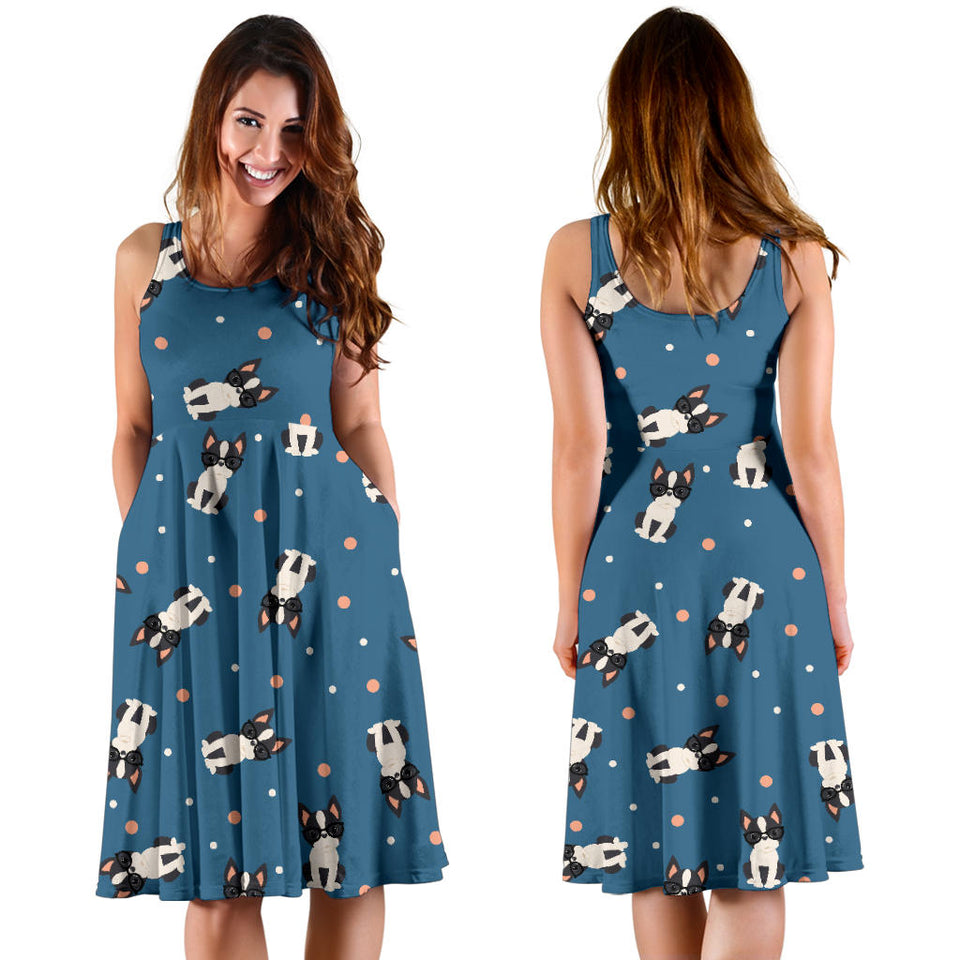 Cute Boston Terrier Dog Spattern Sleeveless Midi Dress