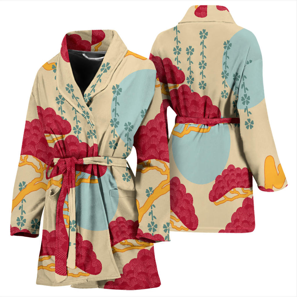 Red Bonsai Gray Sun Japanese Pattern Women'S Bathrobe
