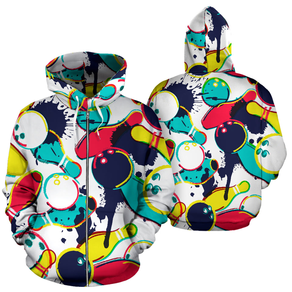 Watercolor Bowling Ball Pins Zip Up Hoodie