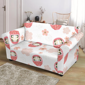 Daruma Japanese Wooden Doll Cherry Blossom Flower Pattern Loveseat Couch Slipcover