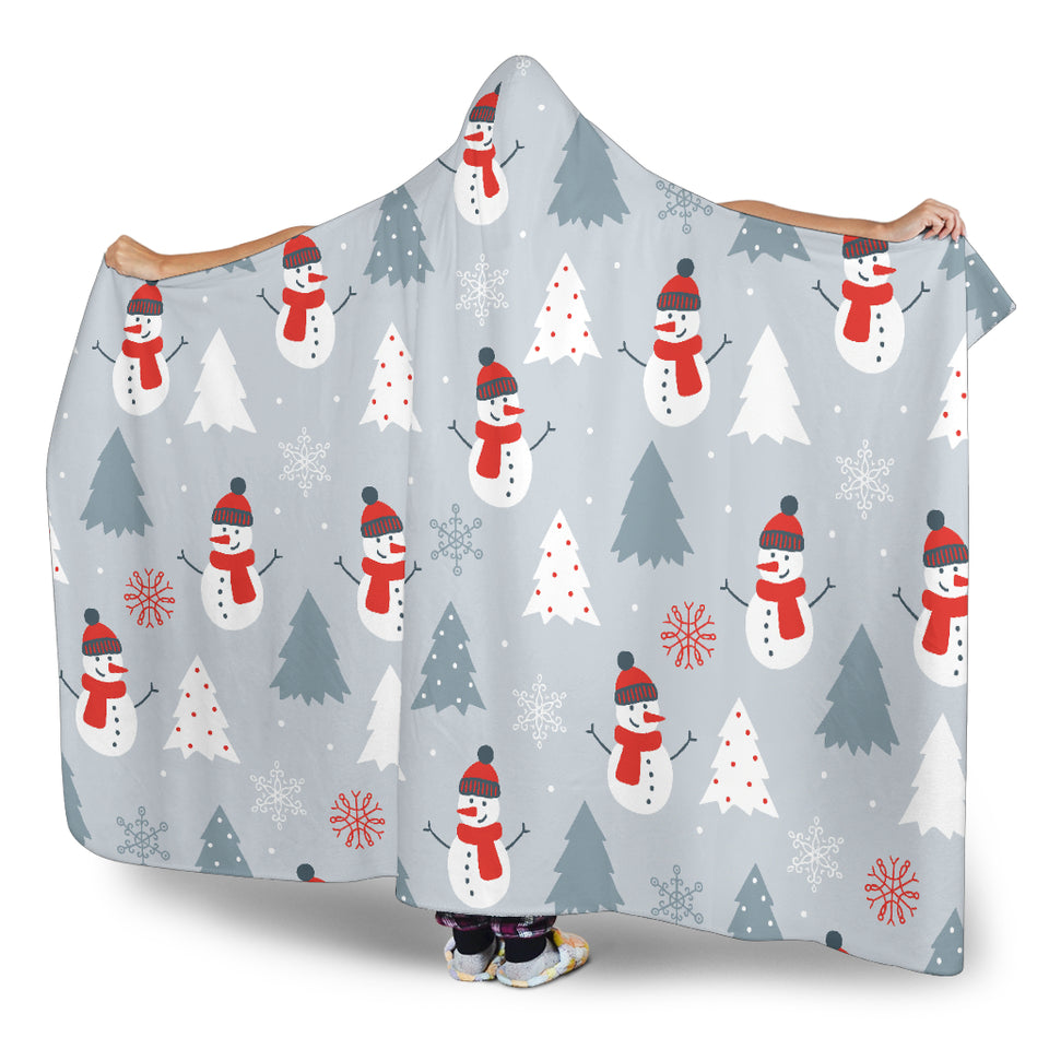 Snowman Christmas  Tree Snow Gray Background Hooded Blanket