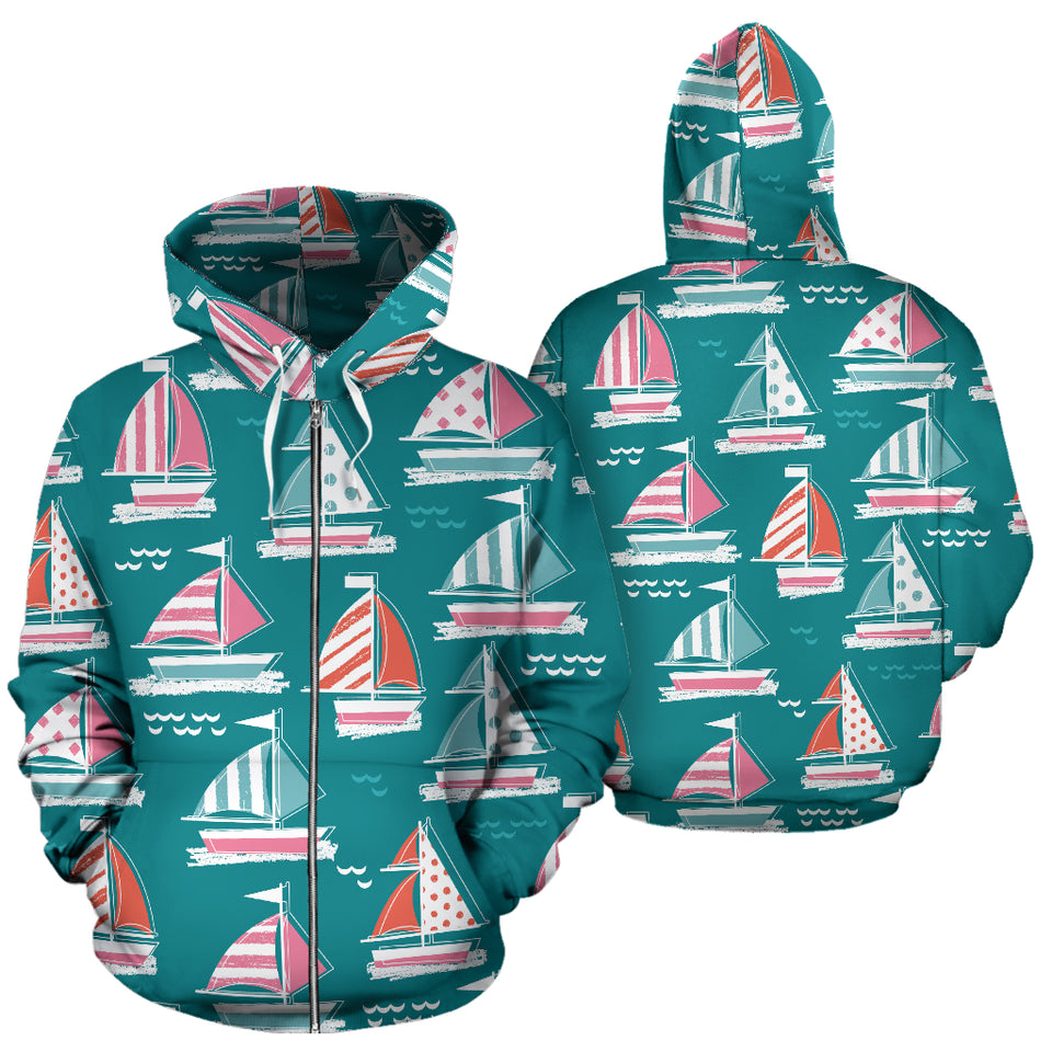 Cute Sailboat Pattern Zip Up Hoodie