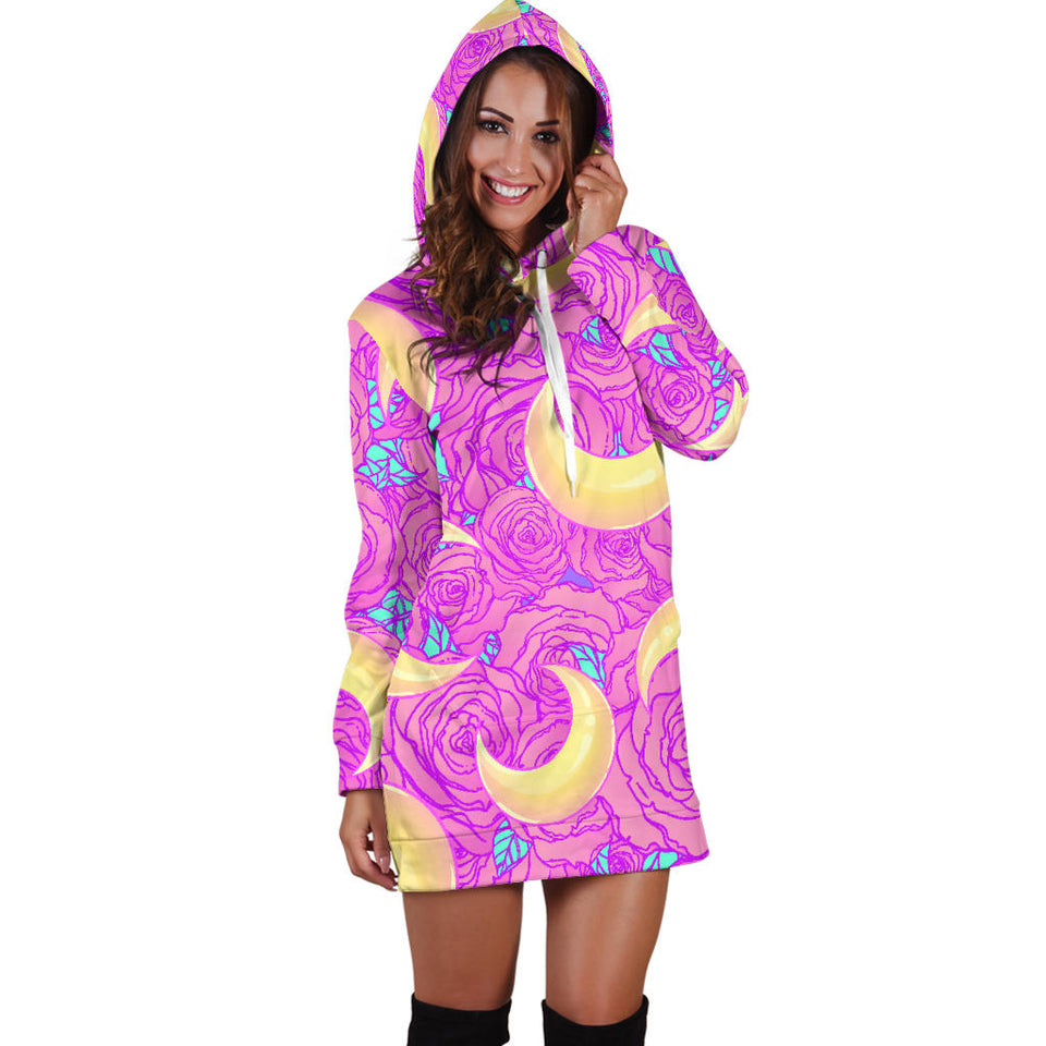 Moon Pink Rose Background Women'S Hoodie Dress