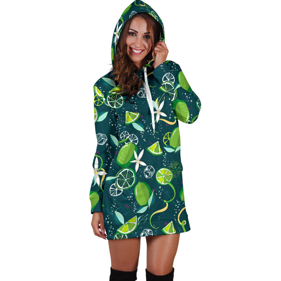 Lime Ice Flower Pattern Women'S Hoodie Dress