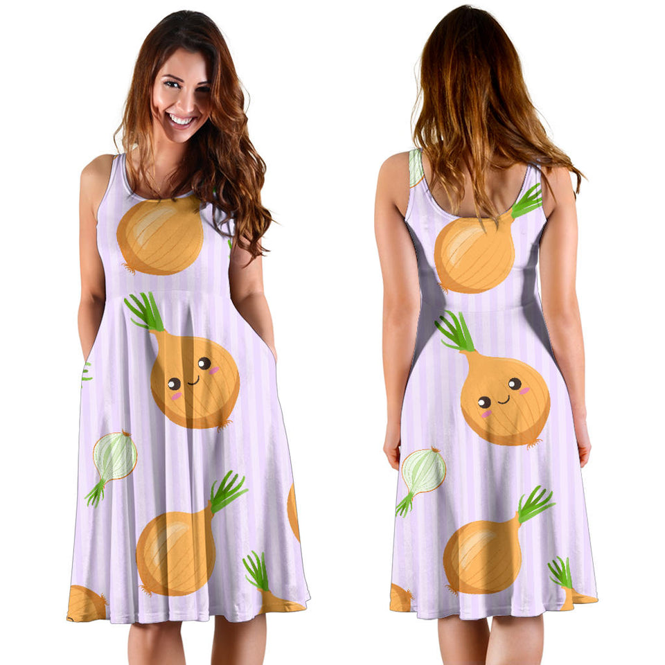 Cute Onions Smiling Faces Purple Background Sleeveless Midi Dress