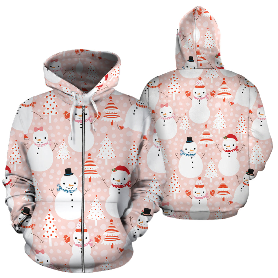 Cute Snowman Christmas Tree Snowpink Background Zip Up Hoodie