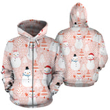 Cute Snowman Christmas Tree Snowpink Background Zip Up Hoodie