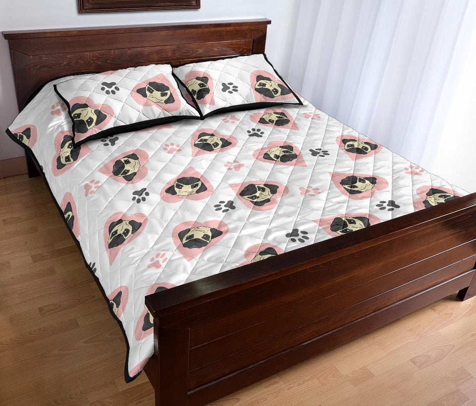 Cute pugs pink heart paw pattern Quilt Bed Set