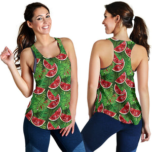 Watermelons tropical palm leaves pattern background Women Racerback Tank Top