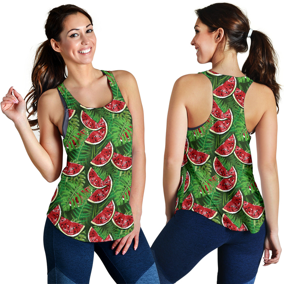 Watermelons tropical palm leaves pattern background Women Racerback Tank Top