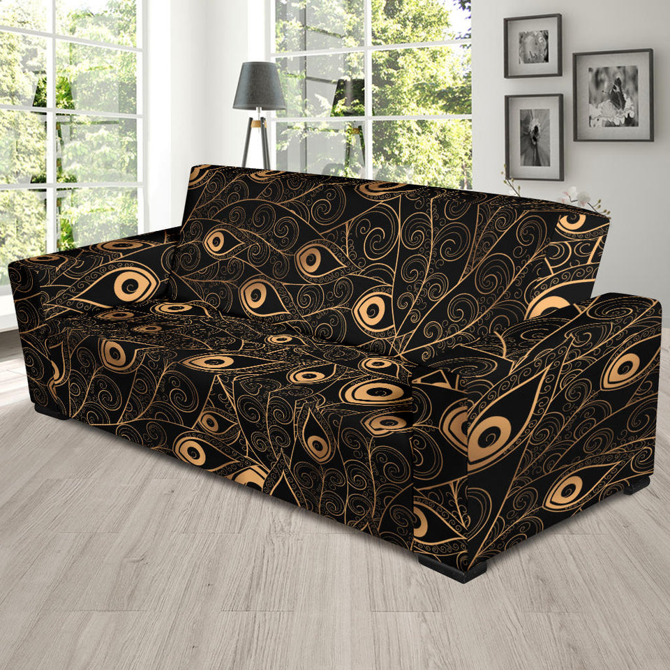 Gold Peacock Feather Pattern Sofa Slipcover