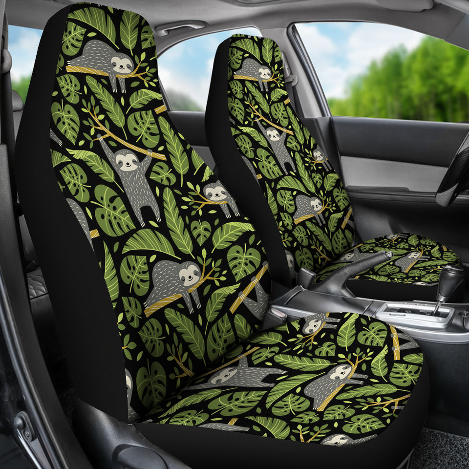 Cute Sloths Tropical Palm Leaves Black Background  Universal Fit Car Seat Covers