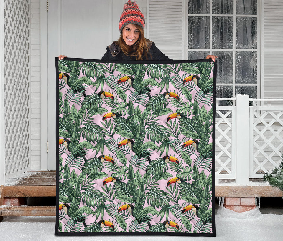 Toucan Tropical Green Jungle Palm Pattern Premium Quilt