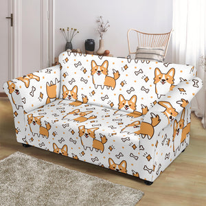 Cute Corgi Heart Star Bone Pattern Loveseat Couch Slipcover