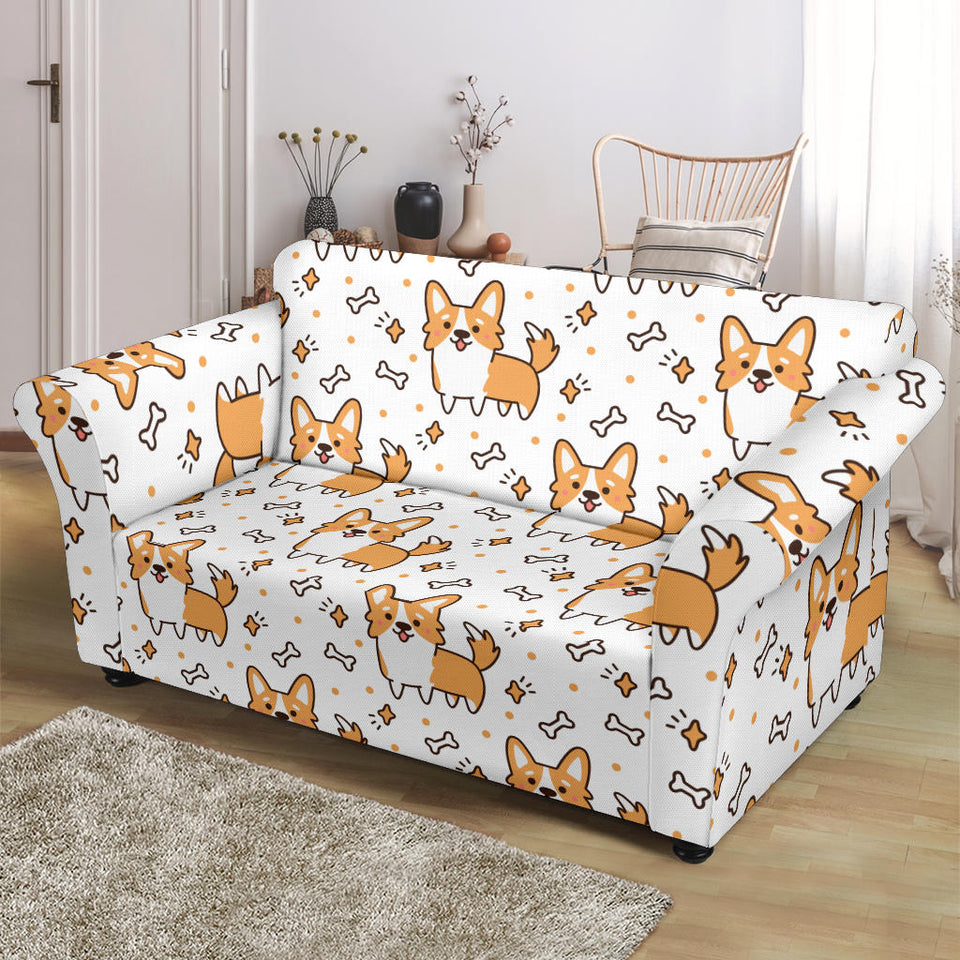 Cute Corgi Heart Star Bone Pattern Loveseat Couch Slipcover