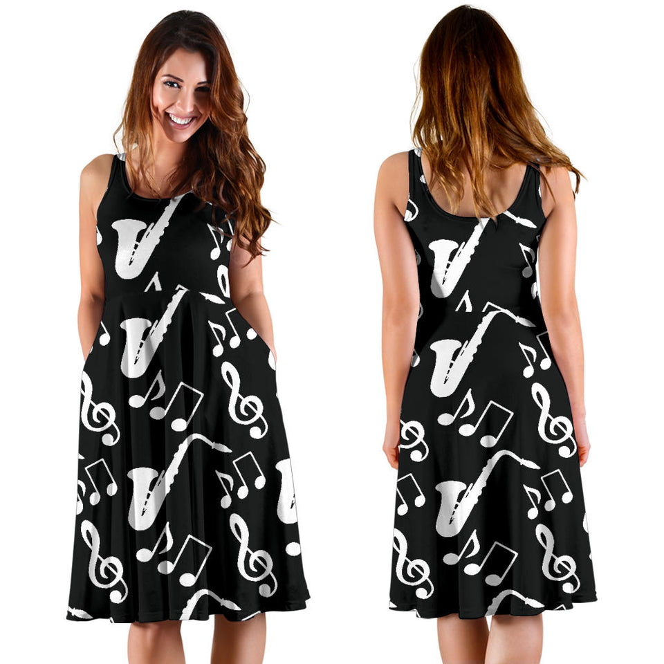 Saxophone Music Notes Treble Clef Black White Theme Sleeveless Midi Dress