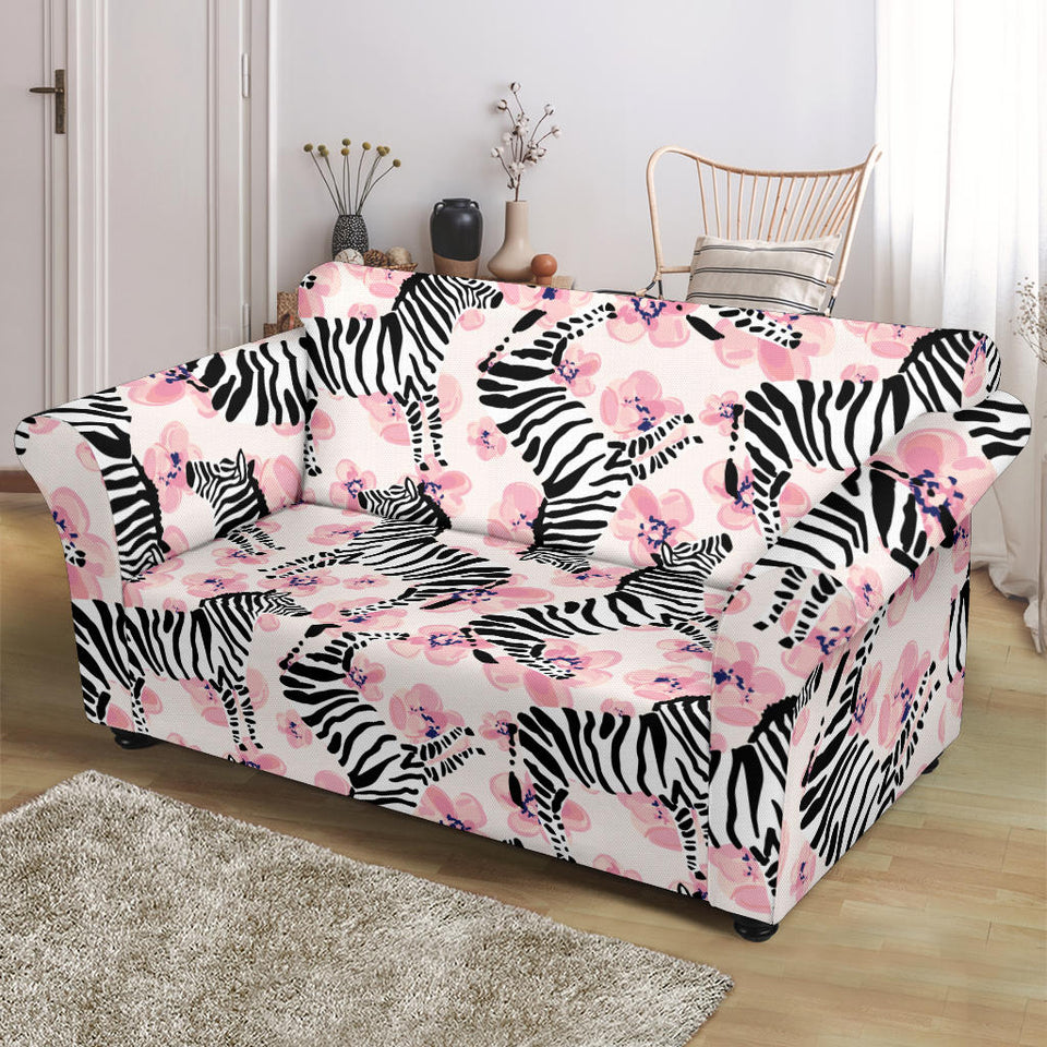 Zebra Pink Flower Background Loveseat Couch Slipcover