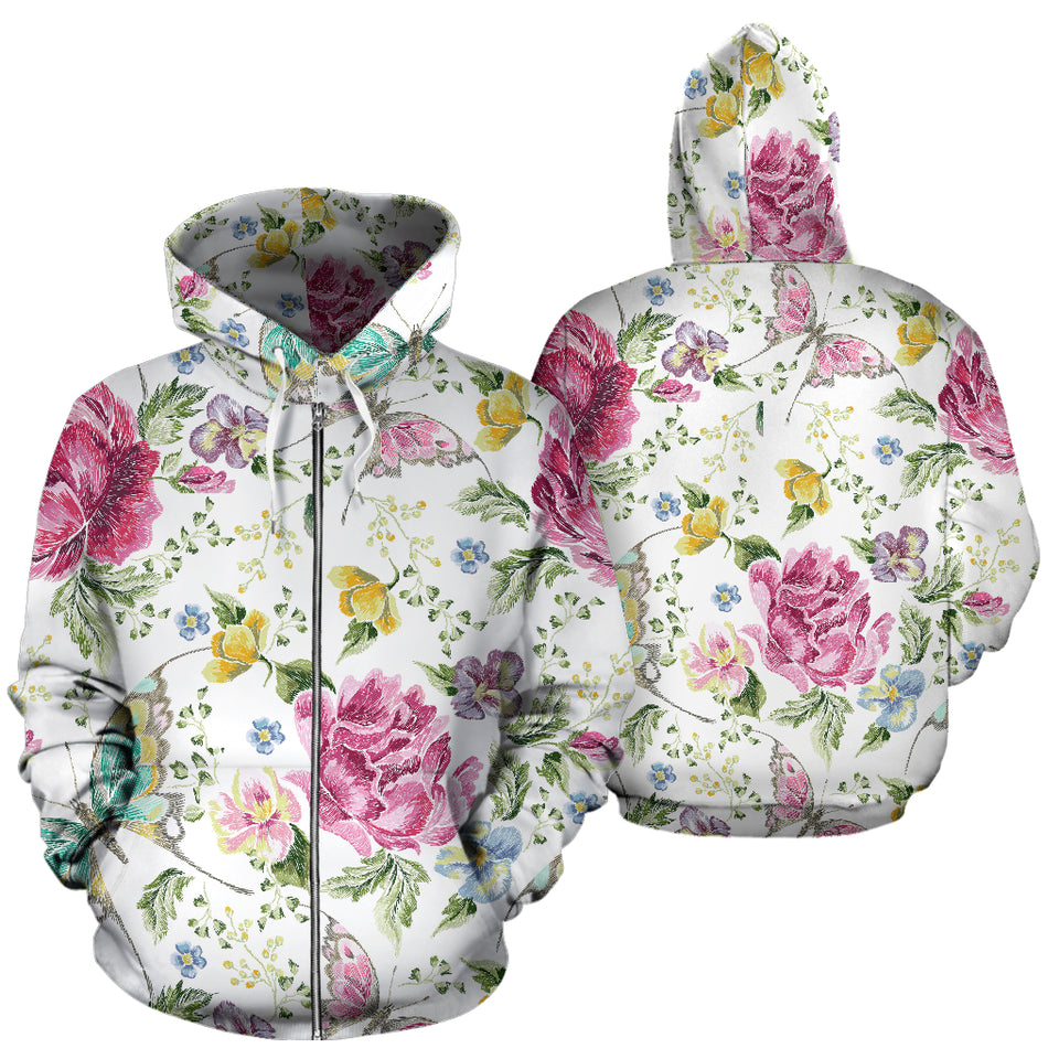 Hand Drawn Butterfly Rose Zip Up Hoodie