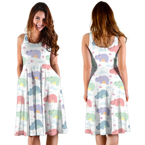 Hippopotamus Pattern Print Design 03 Sleeveless Midi Dress