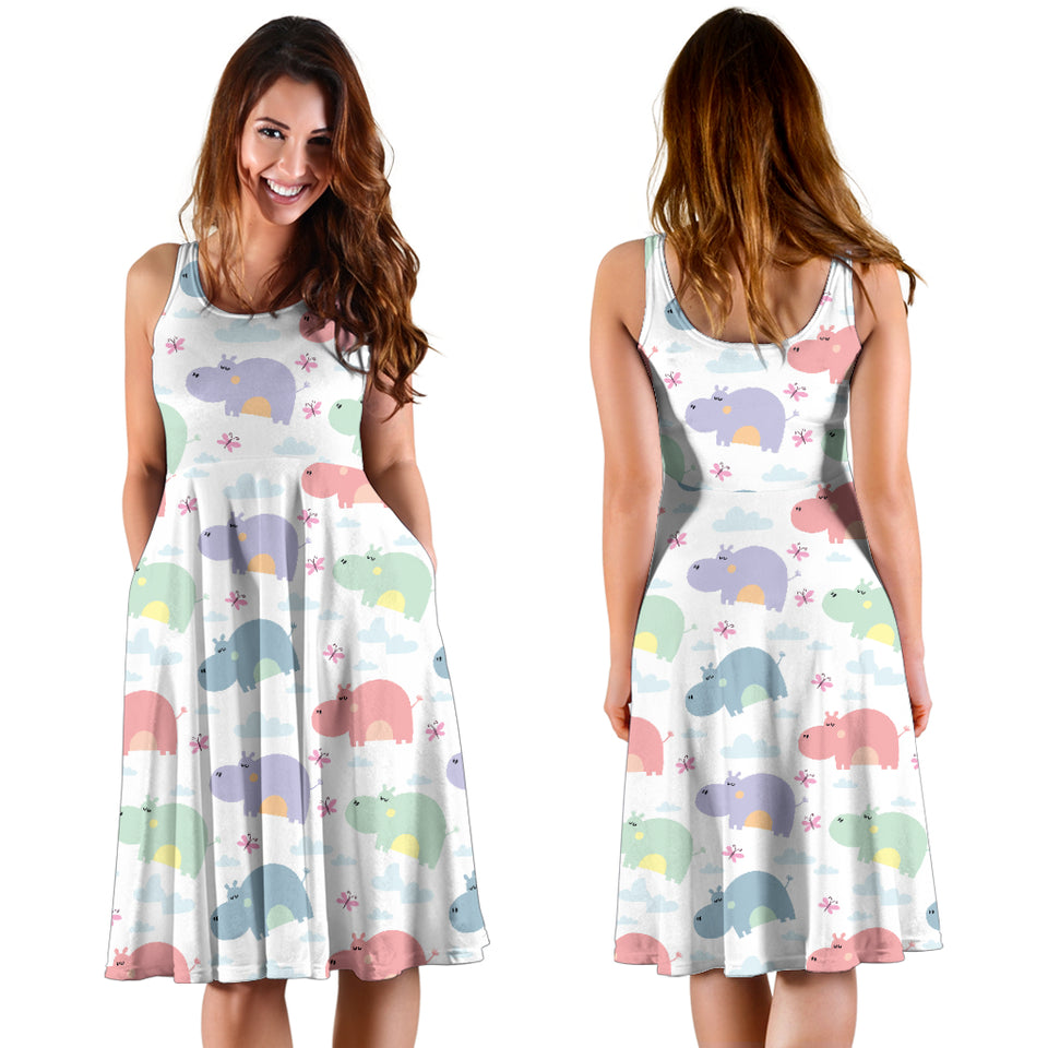 Hippopotamus Pattern Print Design 03 Sleeveless Midi Dress
