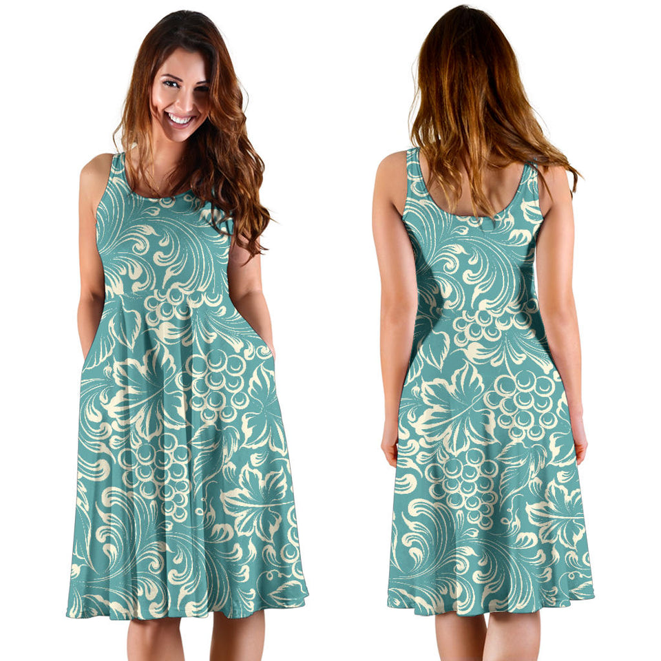 Classic Hand Drawn Grape Pattern Sleeveless Midi Dress