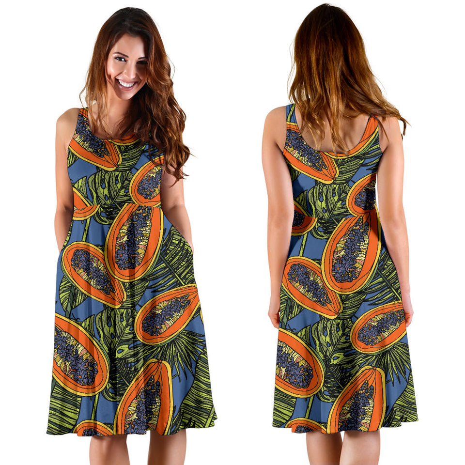 Colorful Papaya Tropical Leaves Sleeveless Midi Dress